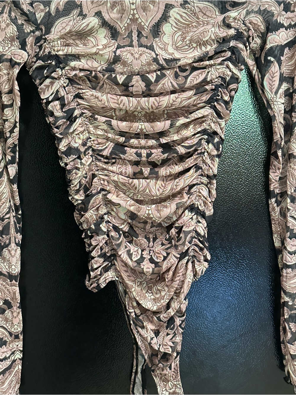 Free People-Floral Ruched Long-Sleeve Mock Neck Top - Taupe/Black - Picture 3 of 7